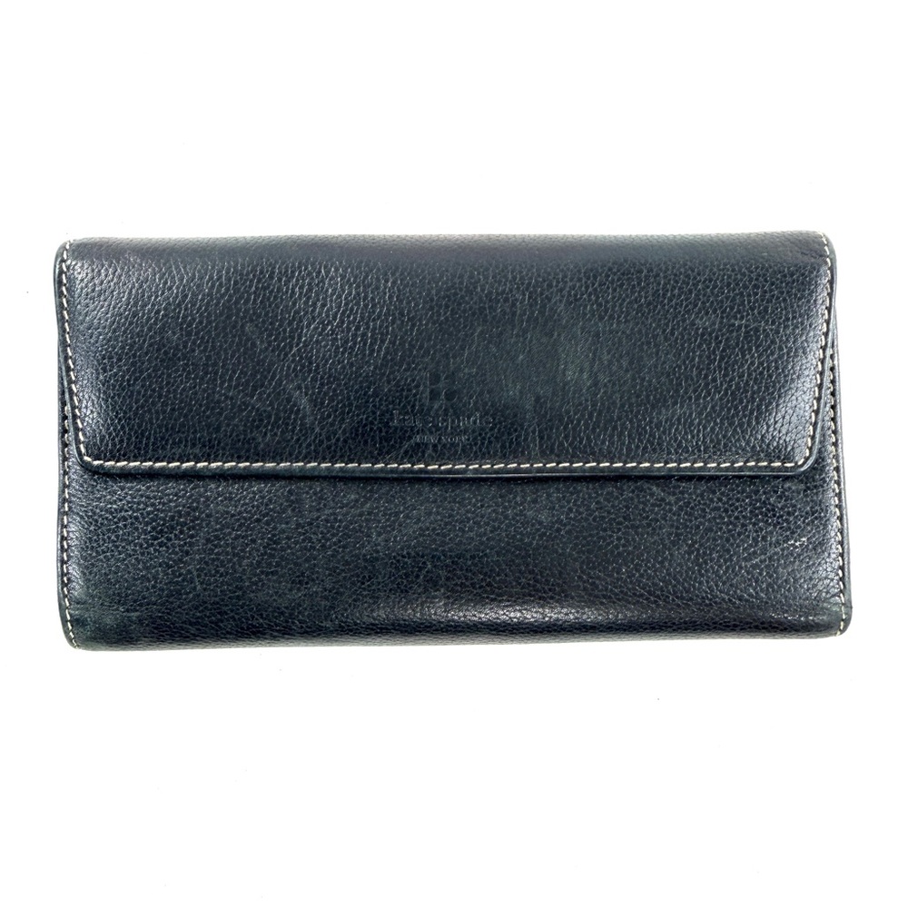 Kate Spade Black Pebbled Leather Long Tri Fold Large Wallet Checkbook Cover
